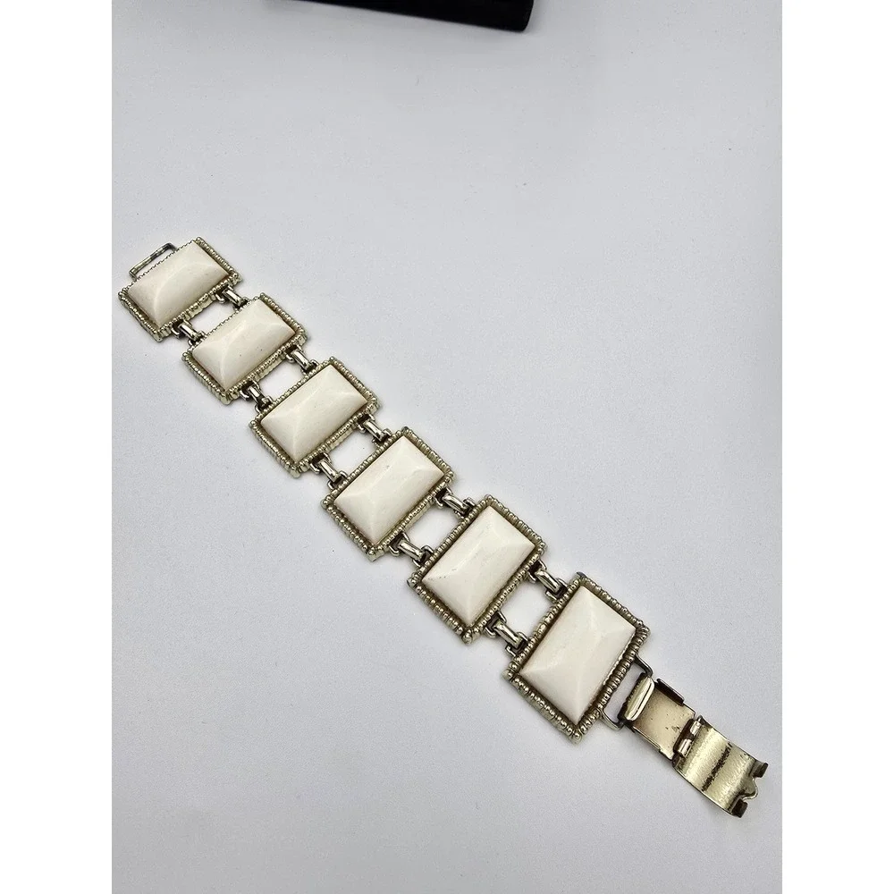 Vintage Gold Tone White Thermoset Panel‎ Link Bracelet Mid-Century Modern Style